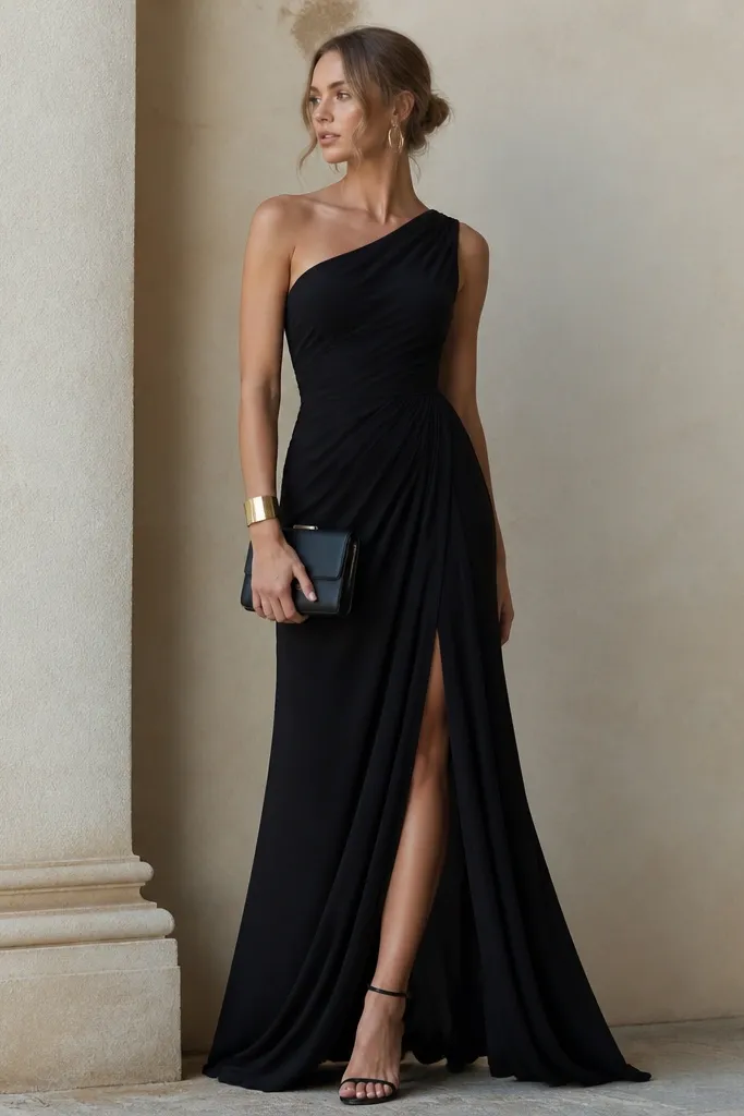 A one-shoulder black gown with a fitted bodice and flowing skirt; styling includes a single statement cuff bracelet, a structured clutch, and sleek strappy heels.
