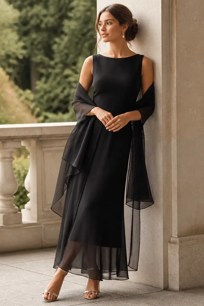 A black chiffon overlay dress with a fitted lining, styled with a sheer wrap shawl, delicate drop earrings, and metallic strappy sandals.