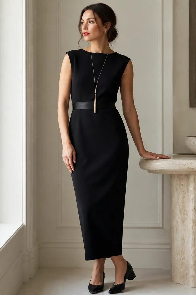 A black column-style dress with a satin waist belt, styled with a long pendant necklace, red lipstick, and low block-heel pumps.
