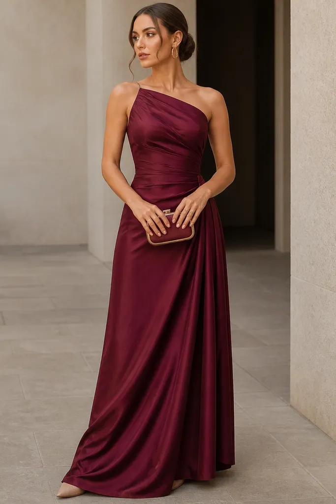 A burgundy floor-length gown with a subtle sheen, styled with gold hoop earrings, a burgundy-and-gold clutch, and nude pointed heels.