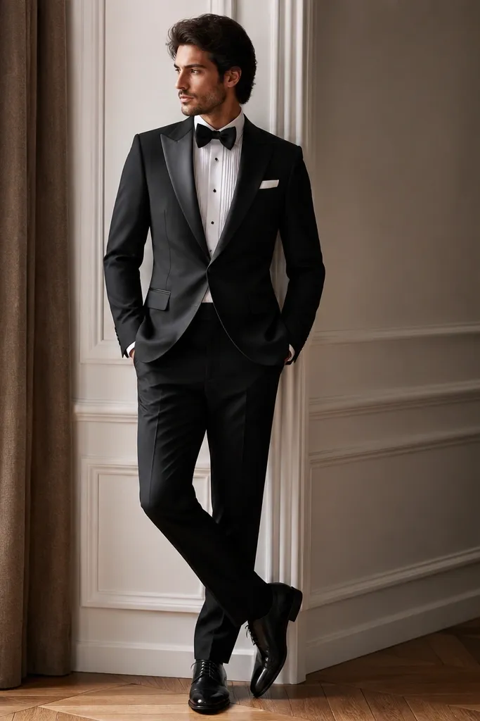A tailored black suit with satin lapels, paired with a white dress shirt, black bow tie, and polished black oxford shoes; a pocket square peeks from the breast pocket.