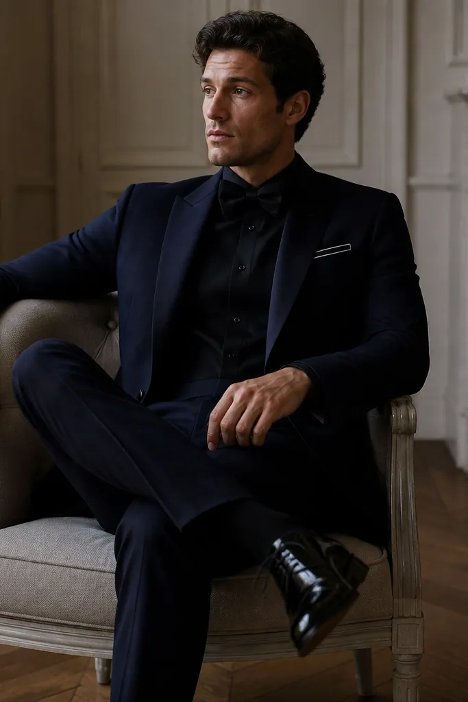 A deep navy suit with a black shirt, black bow tie, and a navy pocket square with a subtle white edge; shoes are black and glossy.