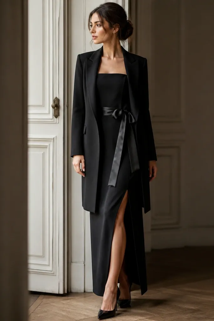 A black evening dress layered with a fitted longline blazer, styled with a satin belt, small earrings, and pointed-toe heels.