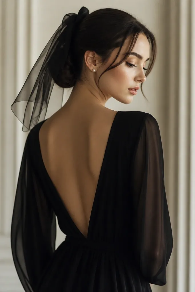 A black gown styled with a lightweight black scarf tied near the crown like a mini veil; hair is in a smooth low bun; makeup is soft and glossy.