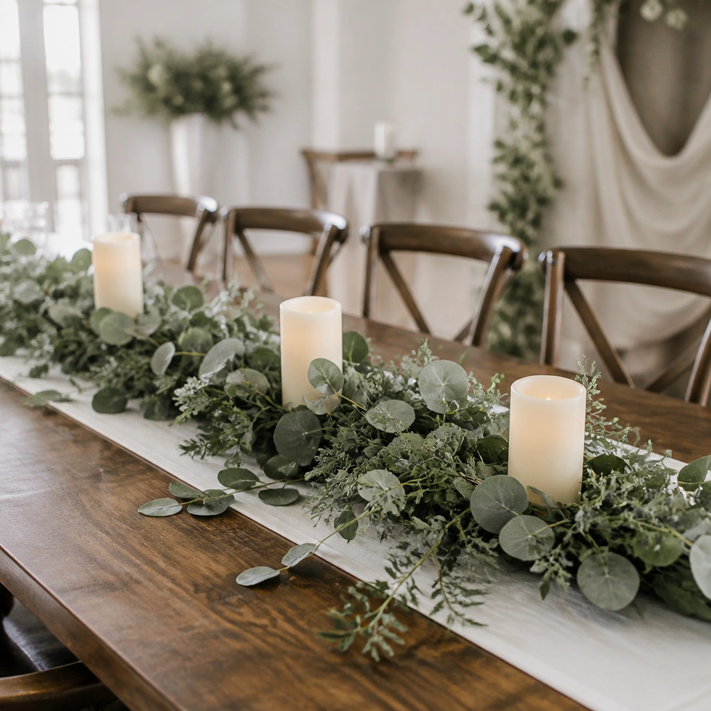 A long head table with a matte white runner, a strip of mixed faux eucalyptus along the center, and three varying-height battery candles spaced evenly. Subtle greenery spills slightly beyond the runner edges.