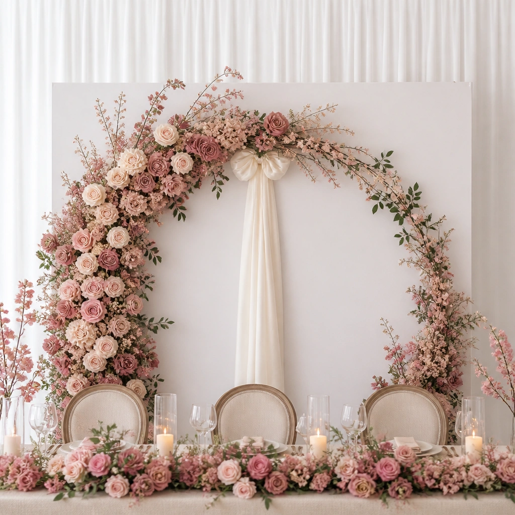 A half-moon arrangement behind the head table made of blush and dusty rose faux blooms, with a light cream ribbon tie at the center. The shape sits on a simple white backdrop frame.