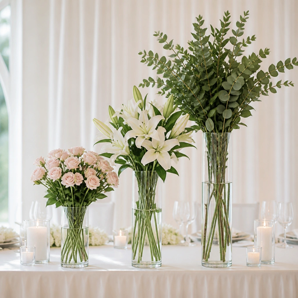 Three tall clear glass vases on the head table: one with pale pink spray roses, one with white lilies, and one with greenery. The vases are centered and increase in height from left to right.