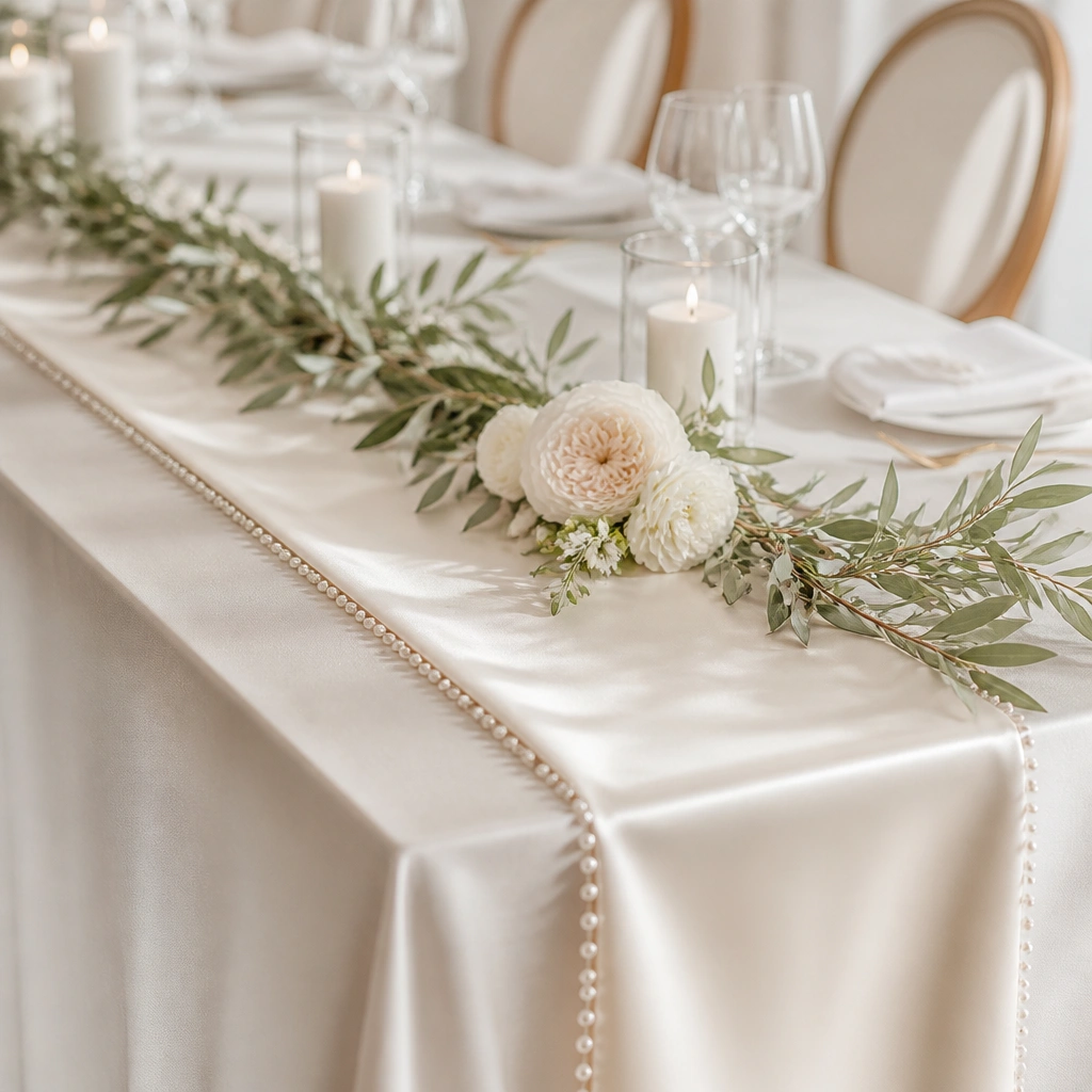 A satin fabric runner with small pearl trim along the edges, styled across the head table. A thin line of olive greenery sits in the center, with a few cream blooms tucked near the middle.