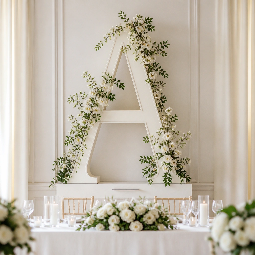 A large freestanding initial letter behind the head table, decorated with small white blossoms and green leaves. The letter stands upright on a weighted base.