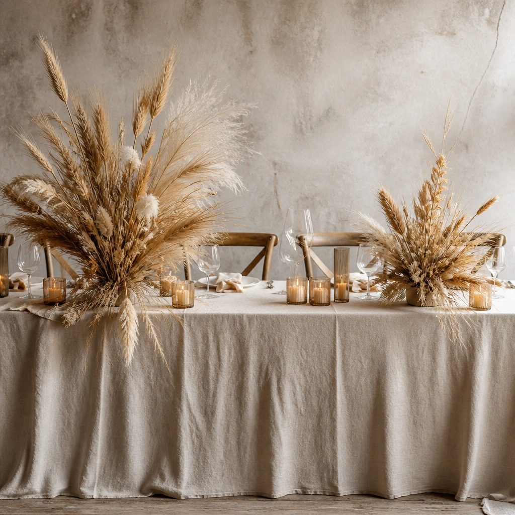A rustic head table with light linen, two asymmetrical bundles of faux wheat stalks and pampas-style feathers, and small tan candles in glass jars.