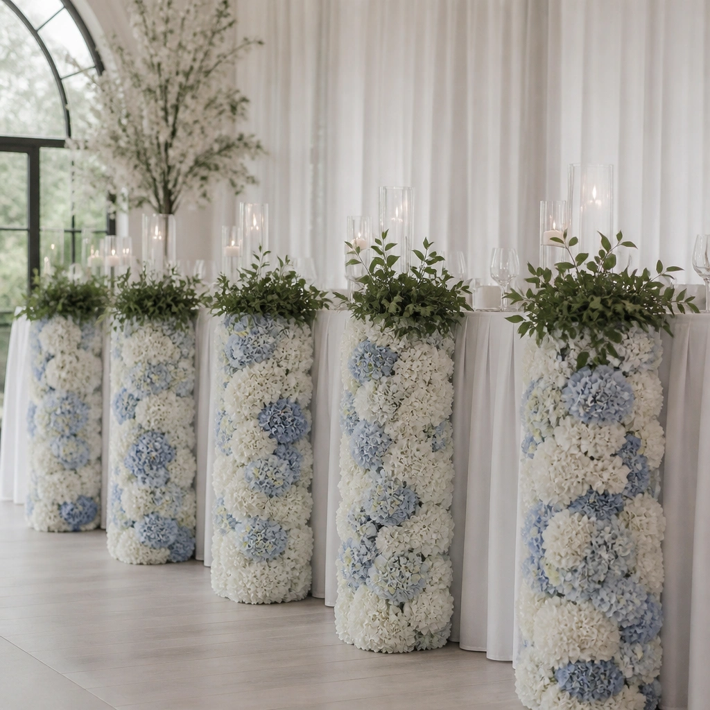 Several hydrangea-like faux blooms arranged in cylindrical columns along the head table, with soft white and light blue tones. The columns are evenly spaced and topped with greenery.