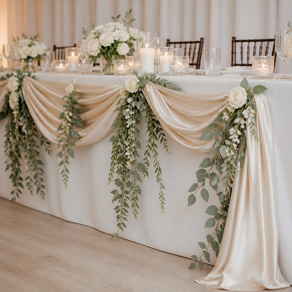 A champagne satin ribbon swag draped across the back of the head table with hanging faux greenery strands. Small cream flowers are tucked along the swag line.