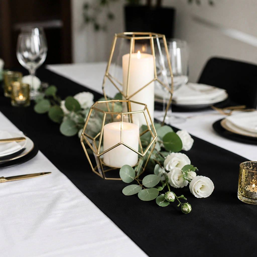 A black table runner with a white runner layered underneath, gold geometric candleholders in the center, and minimal greenery with white blooms. The palette is crisp and modern.