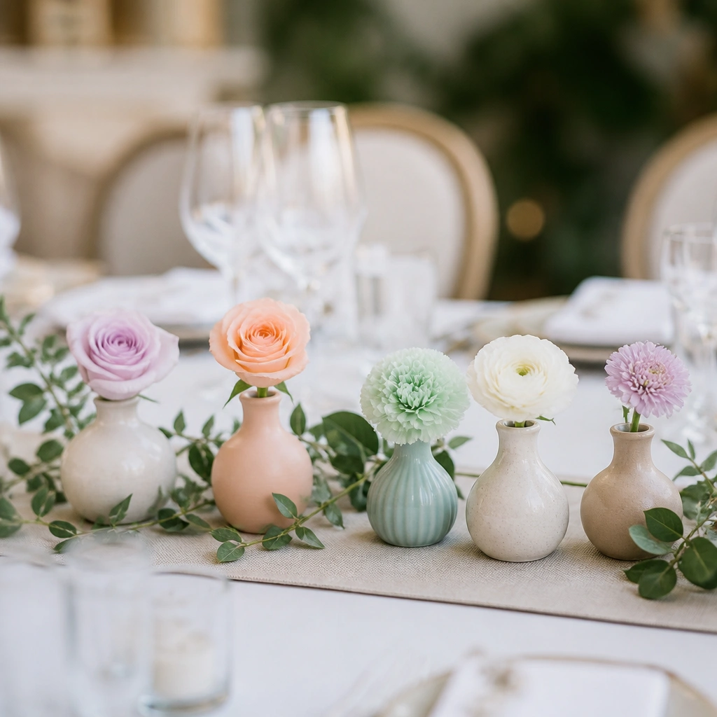 A row of small bud vases along the head table, each with a single pastel bloom (lavender, peach, mint, and cream). The vases sit on a neutral runner with a few trailing greenery sprigs.