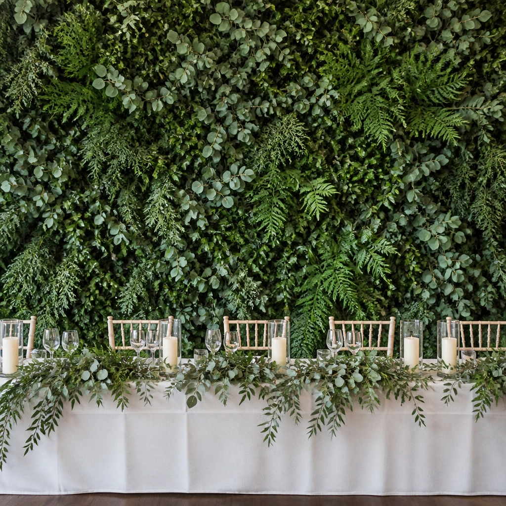 A full backdrop behind the head table made of layered faux greenery types - eucalyptus, ruscus, and fern-like leaves - with no flowers. The greenery has visible texture differences.
