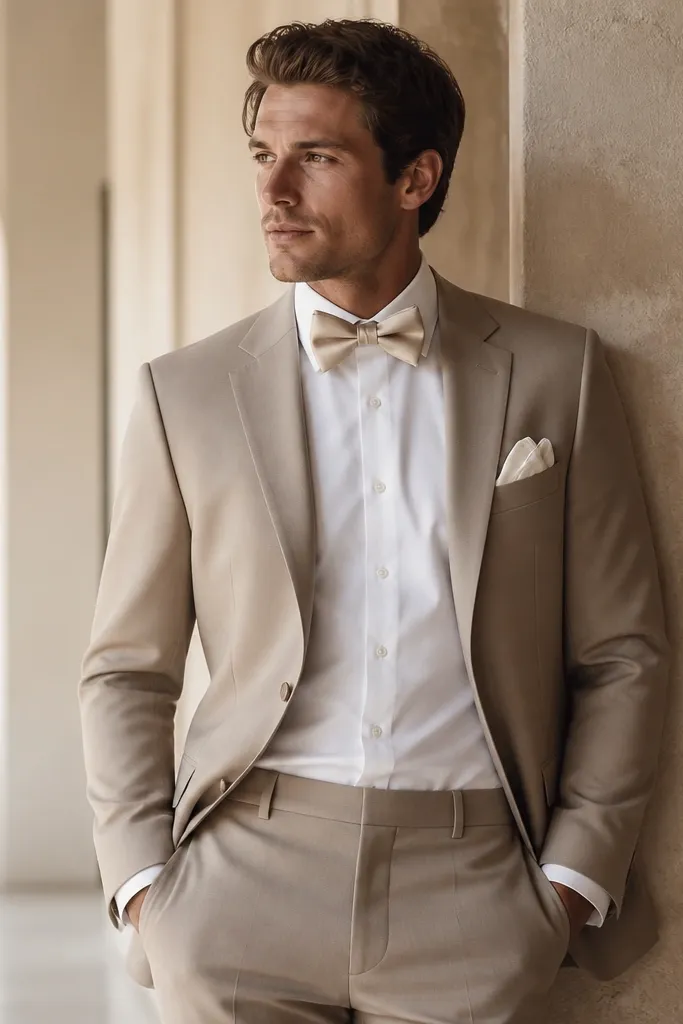 A cool taupe beige suit jacket and trousers over a crisp white poplin shirt, finished with a champagne satin bow tie and a white pocket square with a slight fold.