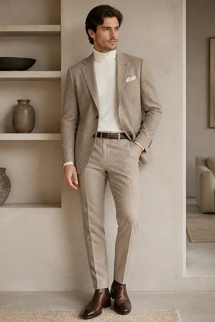 A brushed beige wool suit jacket with a high ivory turtleneck underneath, styled with a dark brown belt and polished brown leather boots, plus a cream pocket square.