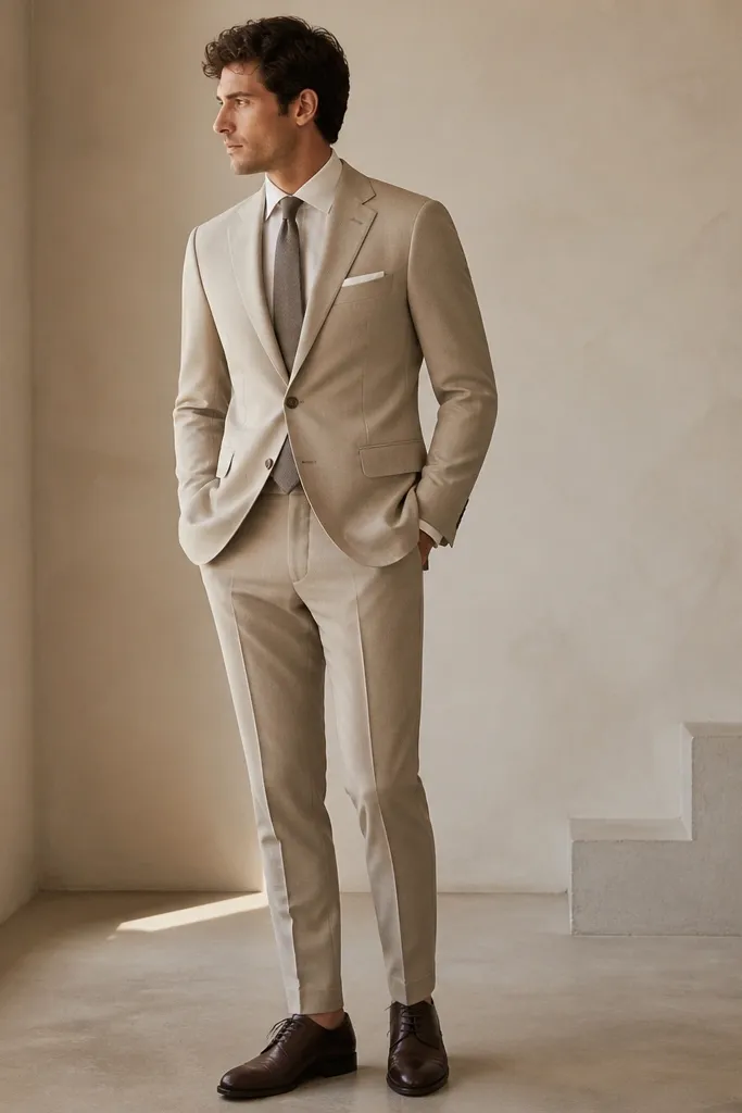 A beige suit with an ecru button-down shirt and a stone gray slim tie, with a simple white pocket square and dark brown Oxford shoes.