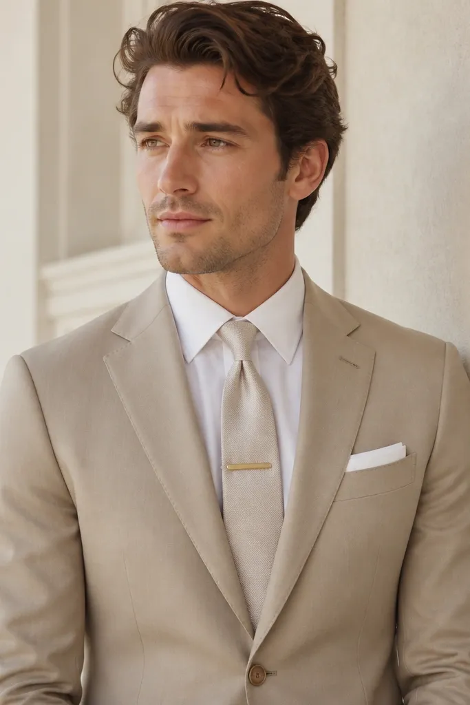 A sand beige suit with a crisp white shirt and a light champagne tie, featuring a gold tie clip centered on the tie knot; a folded white pocket square tops the jacket.