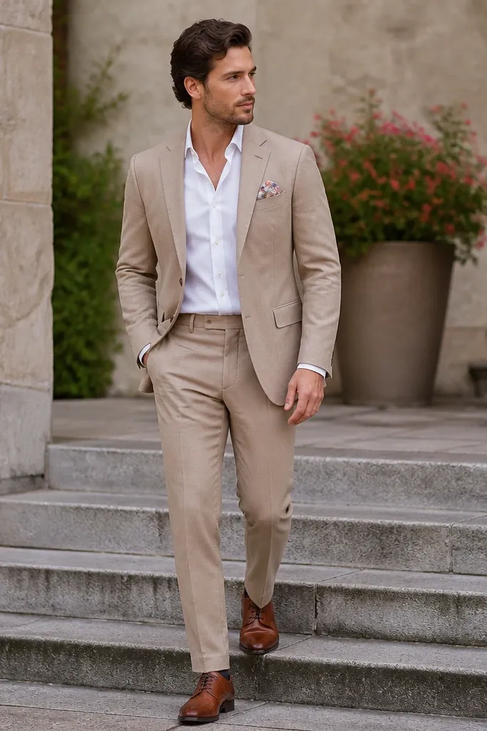 A taupe beige suit jacket worn open over a white shirt, no tie, with a colorful floral pocket square in the breast pocket and brown leather dress shoes.