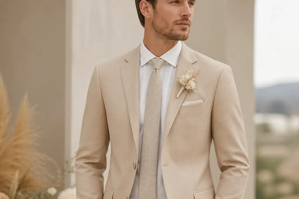 Beige Groom Suit Looks for a Soft, Modern Wedding