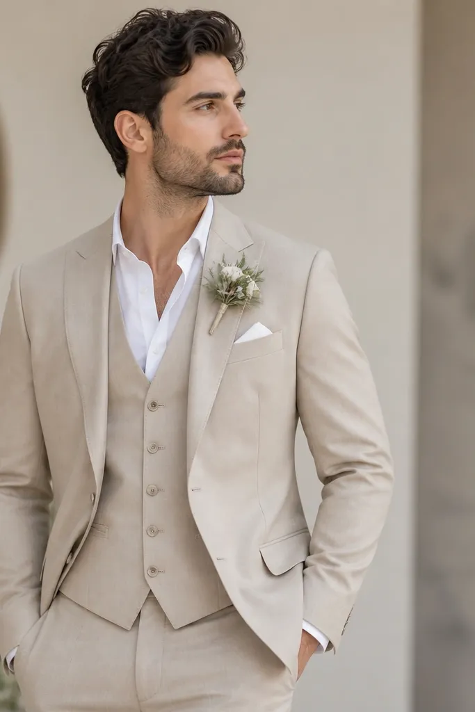Beige Groom Suit Looks for a Soft, Modern Wedding