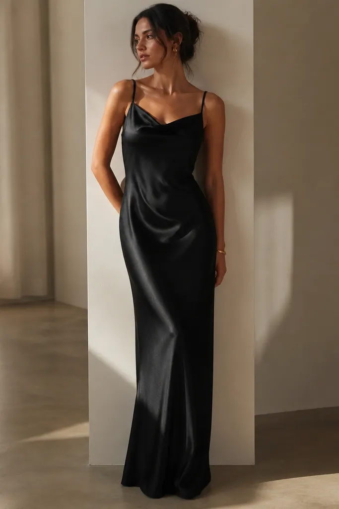 A floor-length black satin column dress with a subtle sheen, spaghetti straps, and a clean neckline. The fabric hangs in smooth vertical lines and catches light only when the model moves.