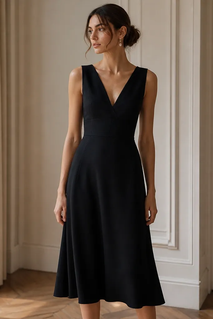 A matte black crepe midi dress with a V-neck and a fitted waist. The skirt flares gently from the hips and ends around mid-calf, paired with simple drop earrings.