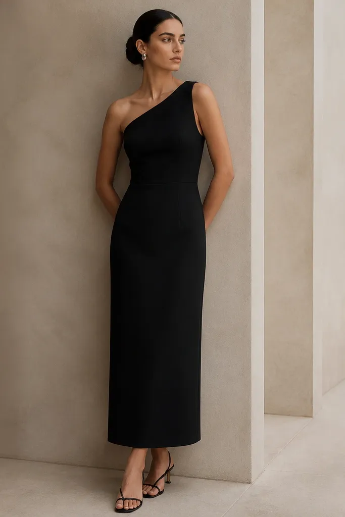 A black one-shoulder dress with a thick asymmetrical strap and a straight skirt. The neckline is clean and architectural, and the dress falls to just above the ankle.