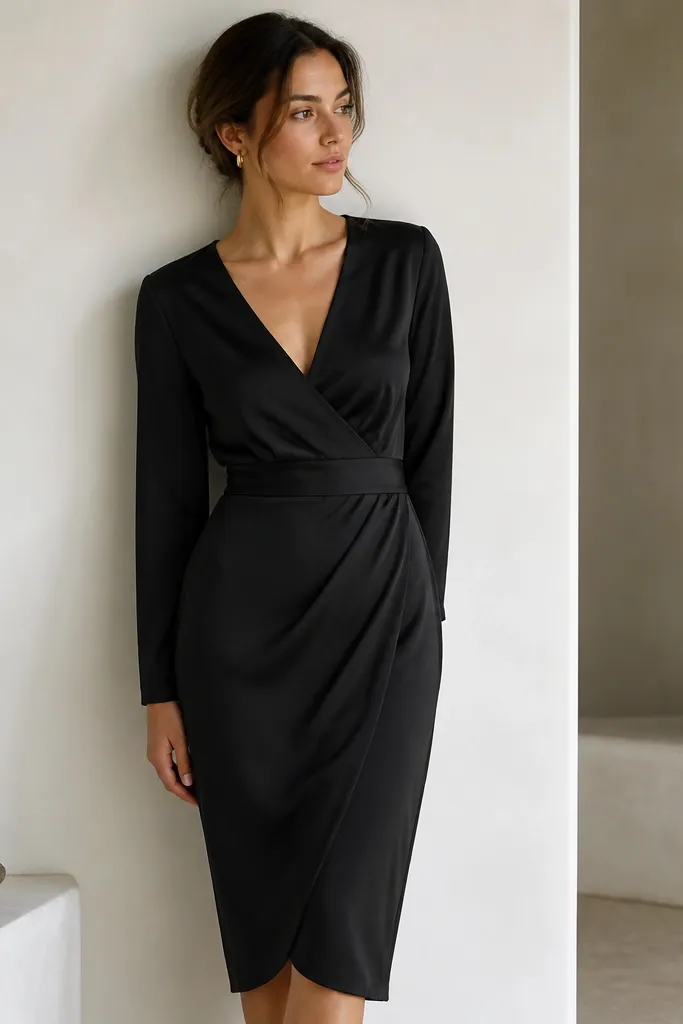A black wrap dress in a satin-crepe finish, with a V wrap front and a midi hem. The wrap tie is tucked so it doesn’t show, and the waist looks neatly secured.