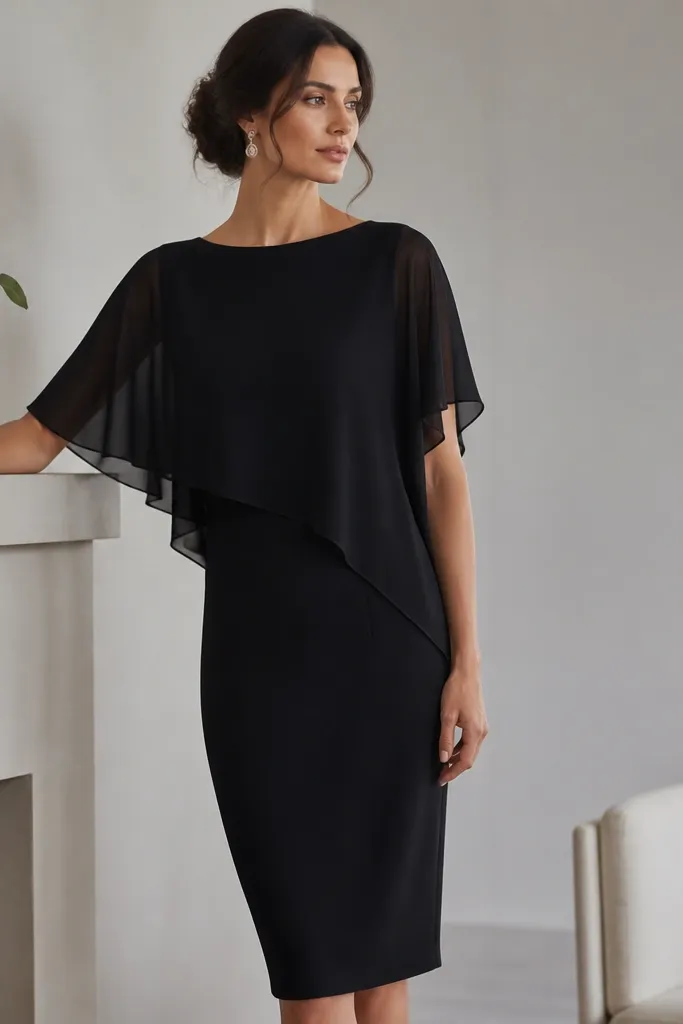 A black dress with a chiffon overlay top and a more solid pencil skirt underneath. The overlay has soft drape and the skirt looks opaque and smooth.