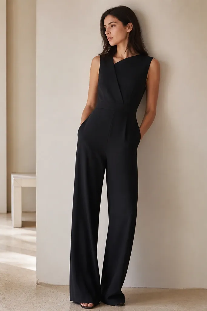 A black jumpsuit with a tailored waist seam, wide-leg trousers, and a structured neckline. The fabric looks matte and the legs fall straight to the floor.