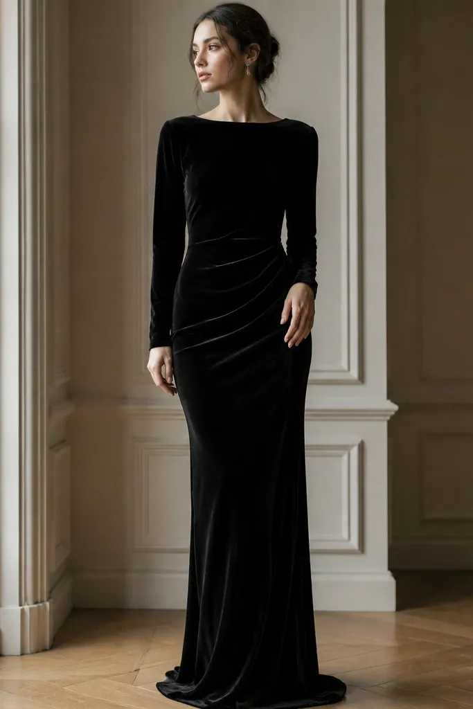 A black long-sleeve gown in velvet-blend fabric with a soft, plush texture. The neckline is modest and the skirt is straight with a subtle flare at the hem.