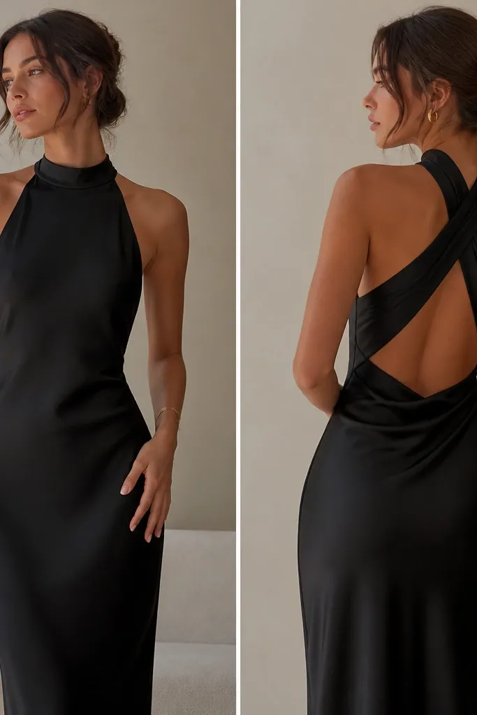 A black halter dress with a satin sheen and a wrap-style back. The front is sleek and minimal, while the back shows a crisscross or wrapped strap design.