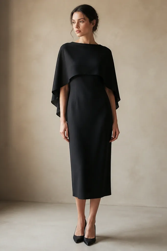A black midi dress with a cape-like overlay at the shoulders. The skirt is straight and simple, while the cape drapes softly over the upper body.