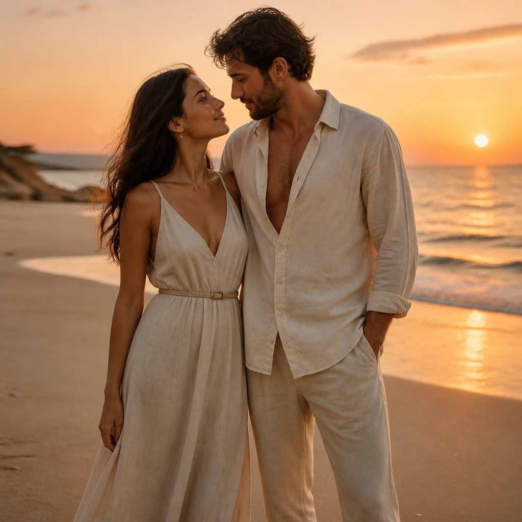 A couple on a beach at sunset: the woman wears a flowy, light-beige linen dress with a minimal belt, and the man wears an unbuttoned cream linen shirt with matching trousers. The ocean is in the background, and hair looks gently tousled, not frizzy.