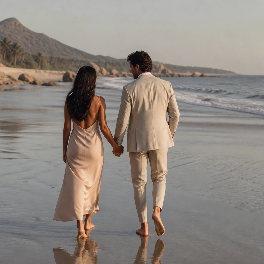 A photo sequence feel: the couple is walking away from the camera along wet sand. The woman’s hem is slightly above ankle with a warm nude shade, and the man’s trousers are cropped to show clean shoe or barefoot lines.