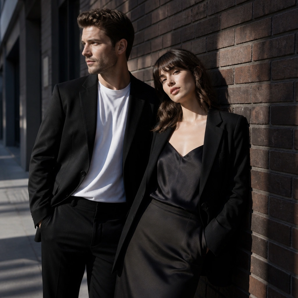 The couple stands in front of a brick wall in a modern city street: the woman wears a black fitted blazer over a satin camisole and a long skirt, while the man wears a black suit jacket with a white tee. Strong street shadows fall across them.