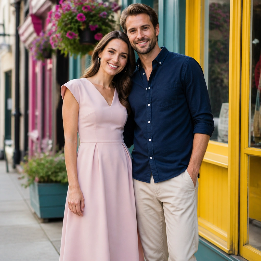 The couple poses near a colorful storefront: the woman wears a powder pink midi dress with a simple neckline, and the man wears a navy button-up with rolled sleeves. The background has bright signage but the outfits stay crisp.