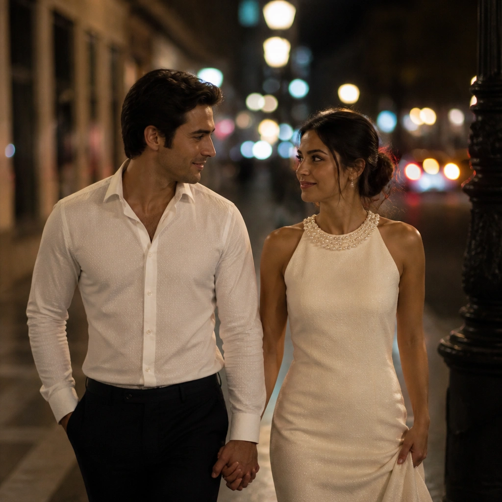 A nighttime street photo with blurred bokeh lights: the man wears a crisp white shirt with subtle texture, and the woman wears an off-white dress with pearl-like beadwork on the neckline. They’re holding hands near a lit street sign.
