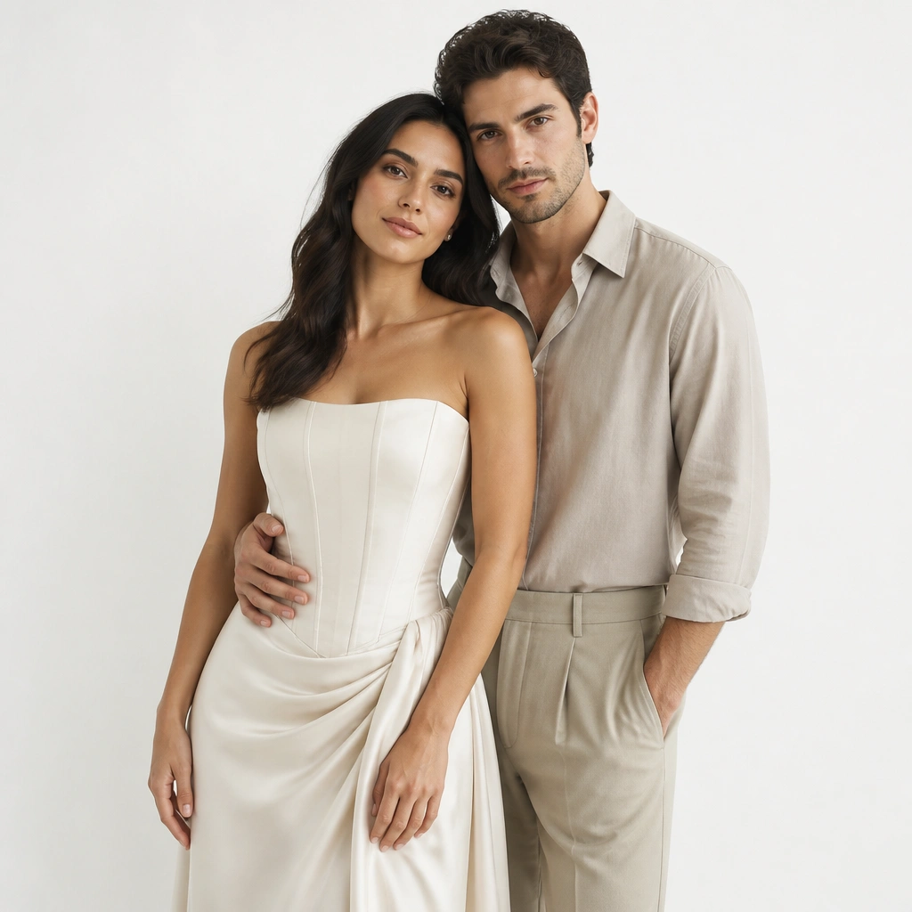 A studio shot on a seamless white background: the woman wears an ivory gown with a structured bodice, and the man wears a light taupe shirt with tailored trousers. There are no visible shadows beyond soft studio light.