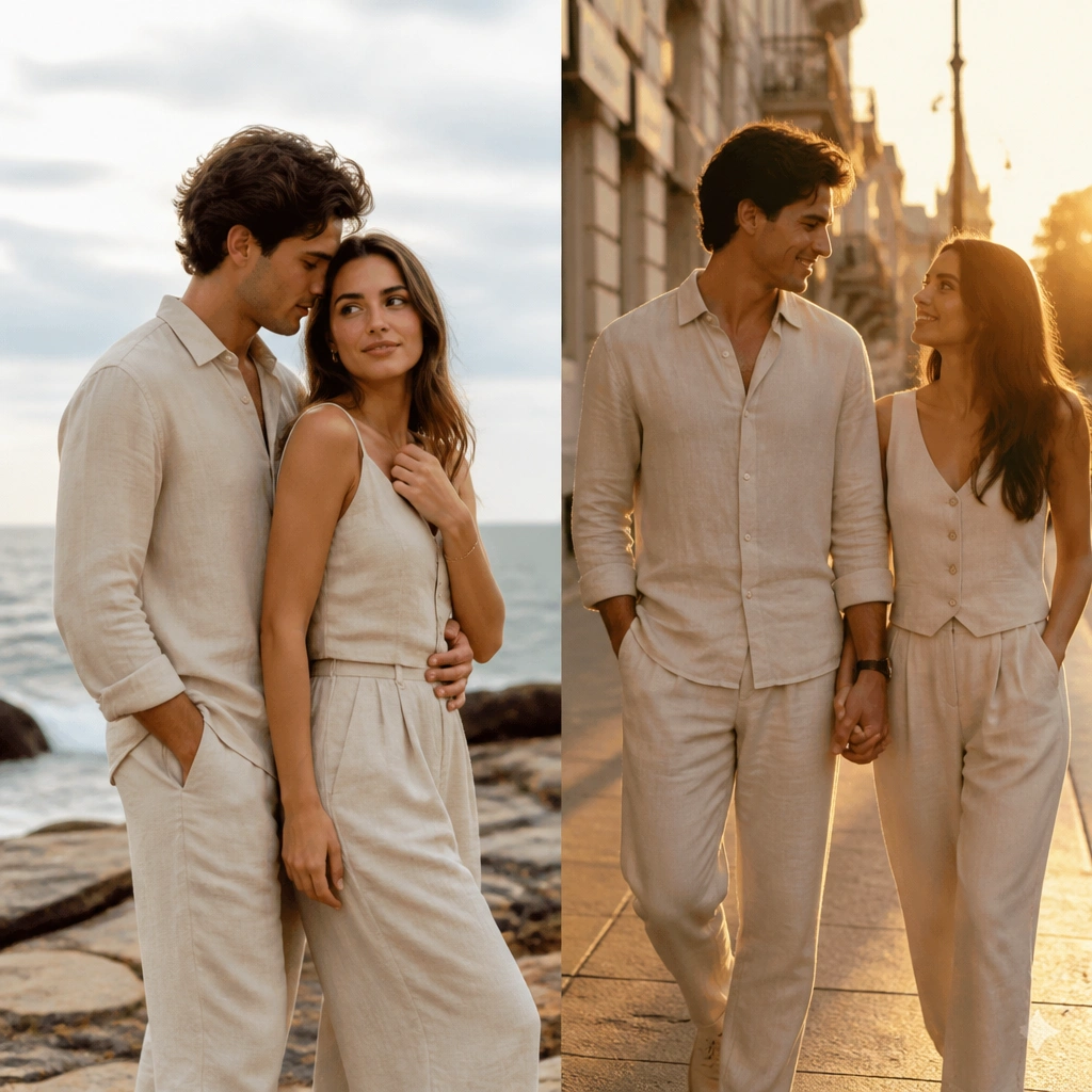 A split-feel concept: the couple wears the same neutral outfit style in two images. One shows them near the sea in soft daylight, and the other shows them on a city street with warm sunset tones.