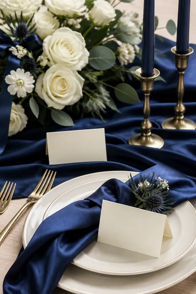 A wedding flat-lay showing a navy satin table runner, ivory place cards in a modern serif font, a bouquet with white roses and small navy ribbon accents, and navy taper candles on a light wood table.
