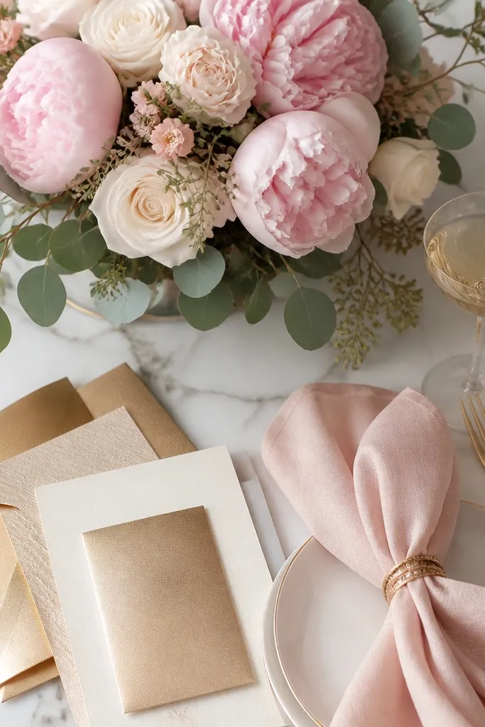 A styled centerpiece with blush peonies, cream roses, and eucalyptus, paired with champagne-gold cutlery, blush napkins, and a metallic gold invitation suite on a pale marble surface.