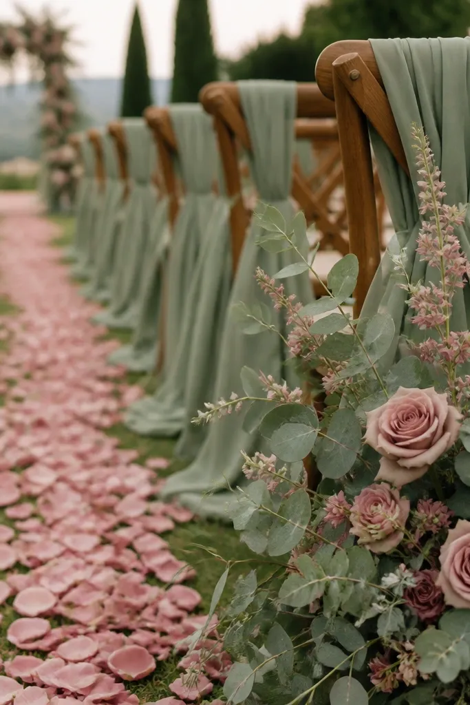 A ceremony aisle photo concept: sage green chiffon draping on wooden chairs, dusty rose petals in a narrow runner, and a bouquet of sage foliage with dusty rose blooms.