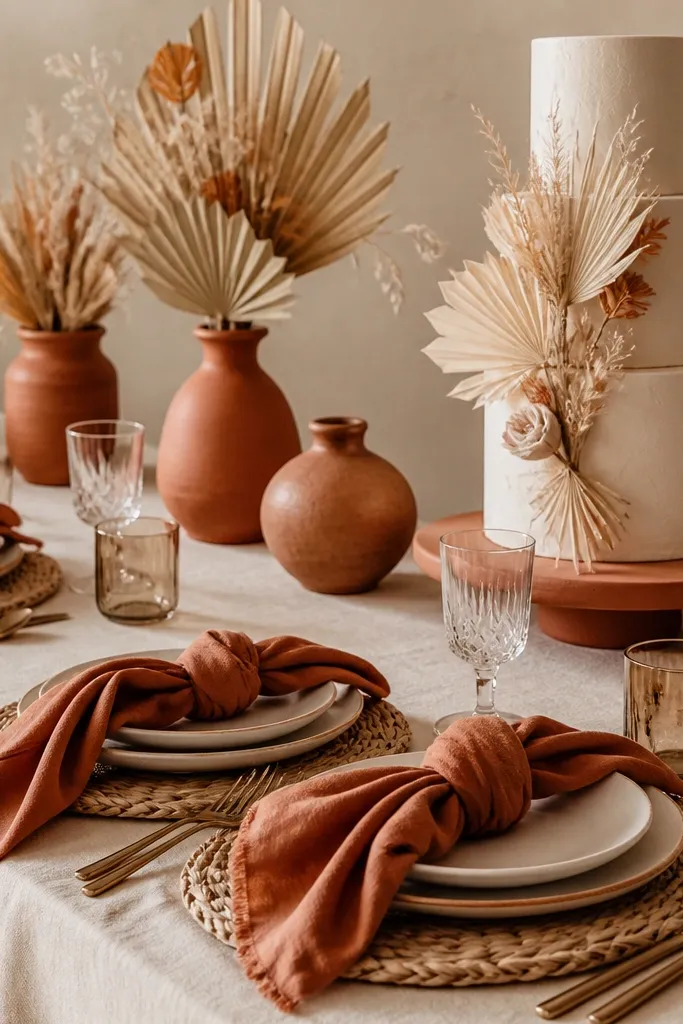 A boho table setting with terracotta clay-toned napkins, cream tablecloth, dried palms, terracotta ceramic vases, and a wedding cake with warm neutral fondant.