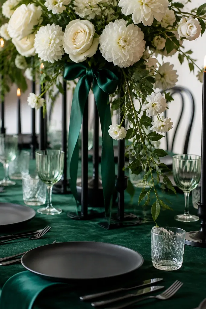 A reception table with deep emerald green tablecloth, black matte charger plates, a tall floral arrangement with white flowers and emerald ribbon, and black taper candles.