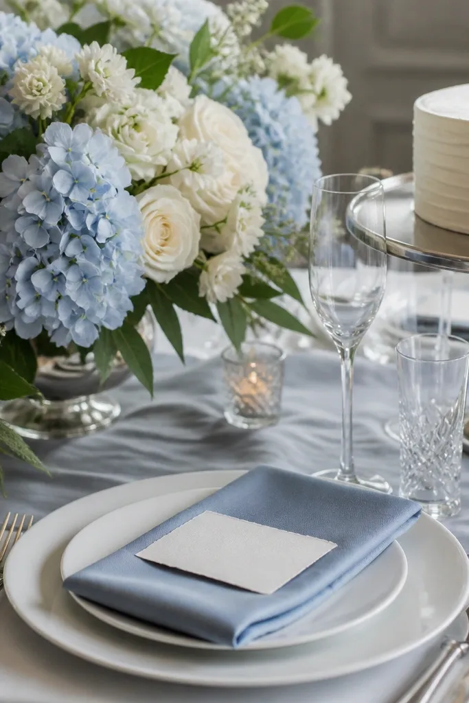 A minimalist invitation and place setting: dusty blue napkins, silver grey table runner, a bouquet with light blue hydrangeas, and a sleek metallic cake stand.
