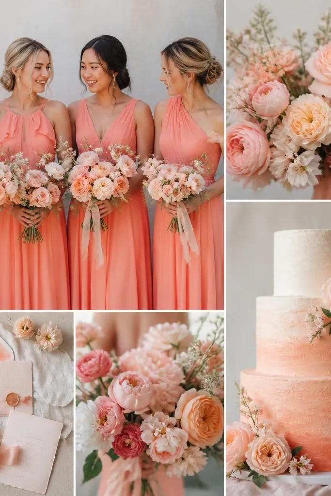 A bridal party mood board: coral chiffon bridesmaid dresses, blush pink bouquets, peachy invitations, and a sunset-toned cake on a light neutral backdrop.