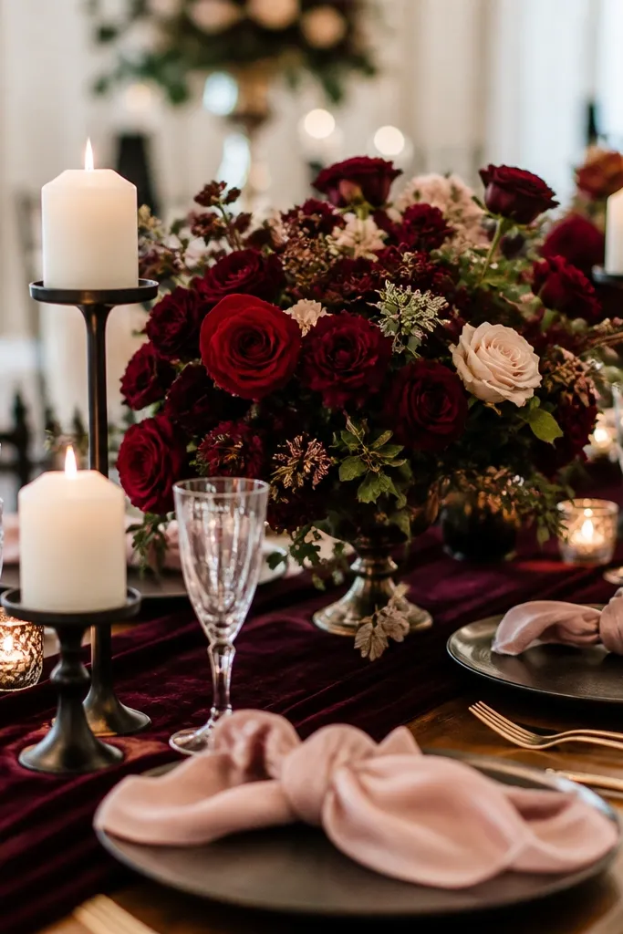 A wedding reception vignette with burgundy velvet table runner, blush silk napkins, deep red roses, and soft white candles on black stands.